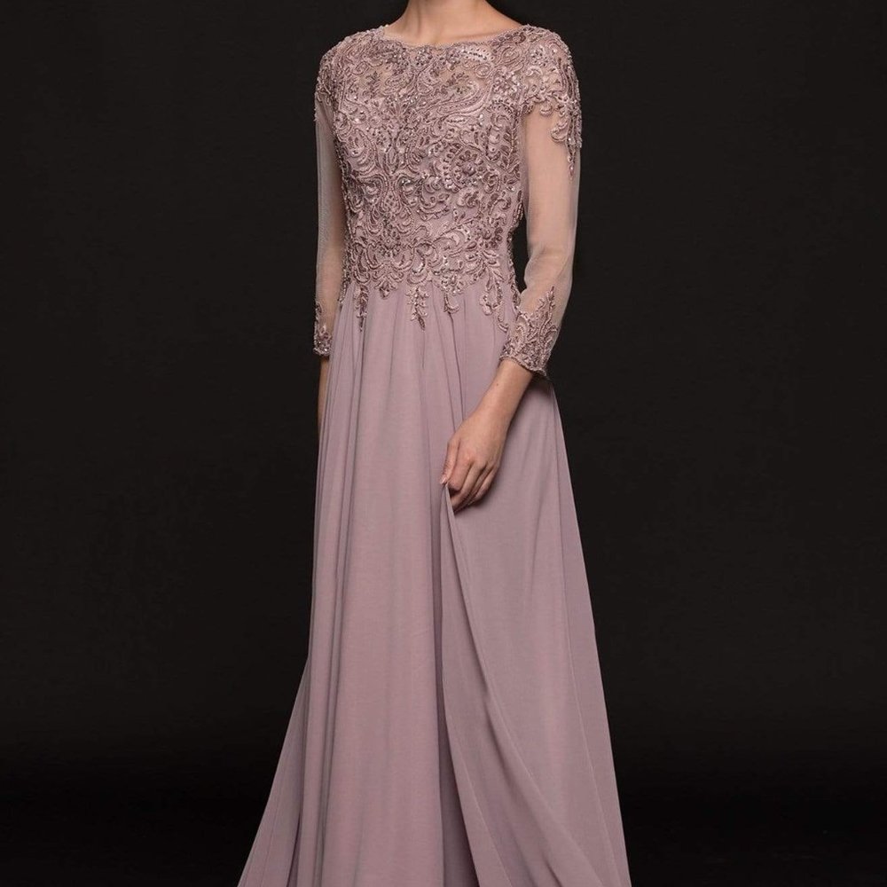 Marsoni by Colors - Quarter Sleeve Beaded Embroidered Chiffon Gown M217